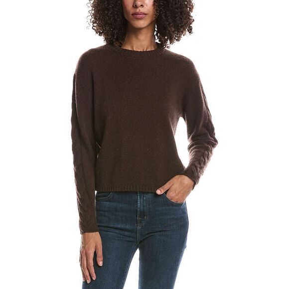 Brodie Cashmere Sweaters - Brodie Cashmere Womens Cable Sleeve Crewneck Cashmere Sweater, Brown
